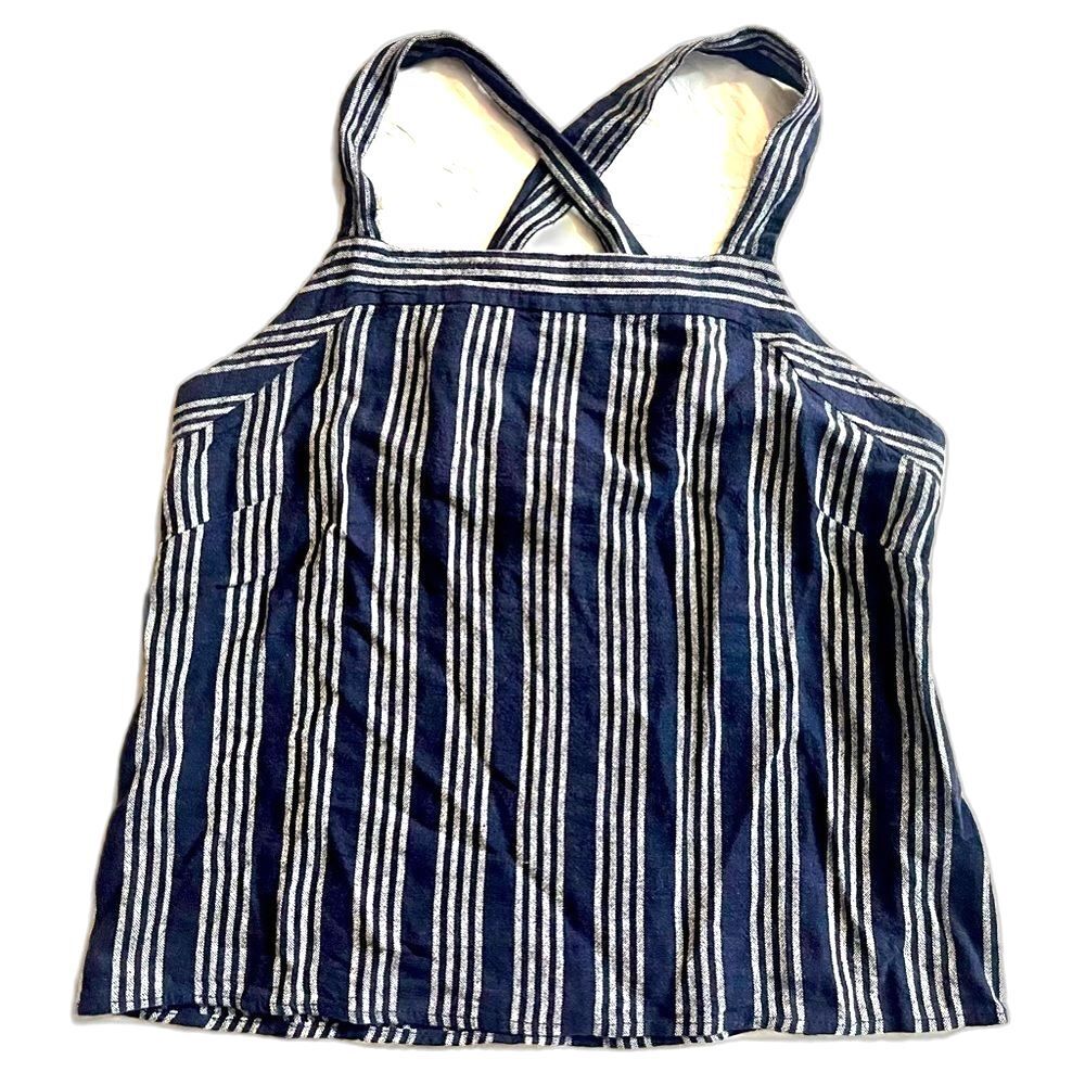 LOFT Striped Navy and White Women's Tank Top w Button Straps Size 0 Petite NWT